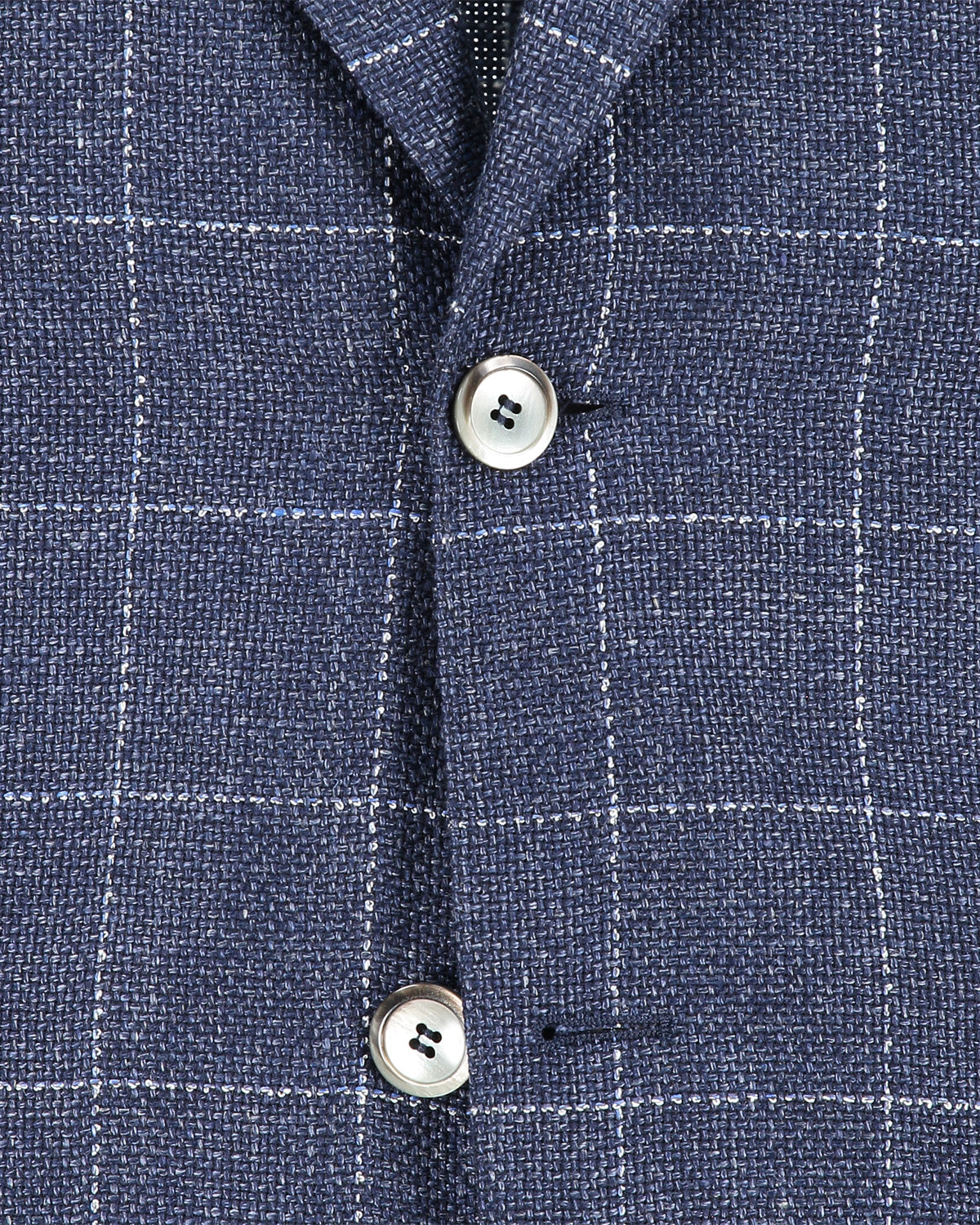 Blue Windowpane Wool Linen Jacket Front Closeup Detail Fabric