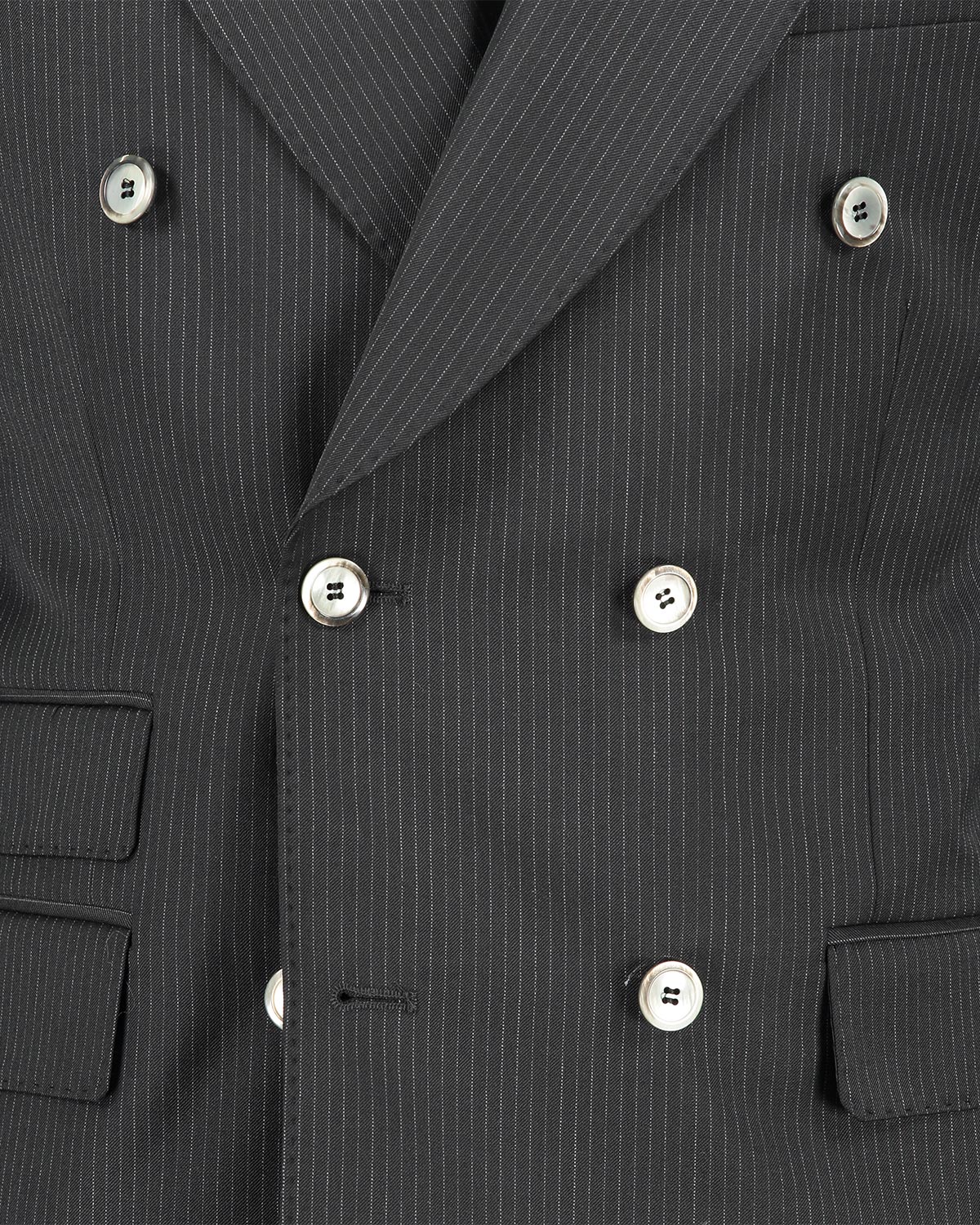 Close-up of a black pinstripe suit jacket with buttons