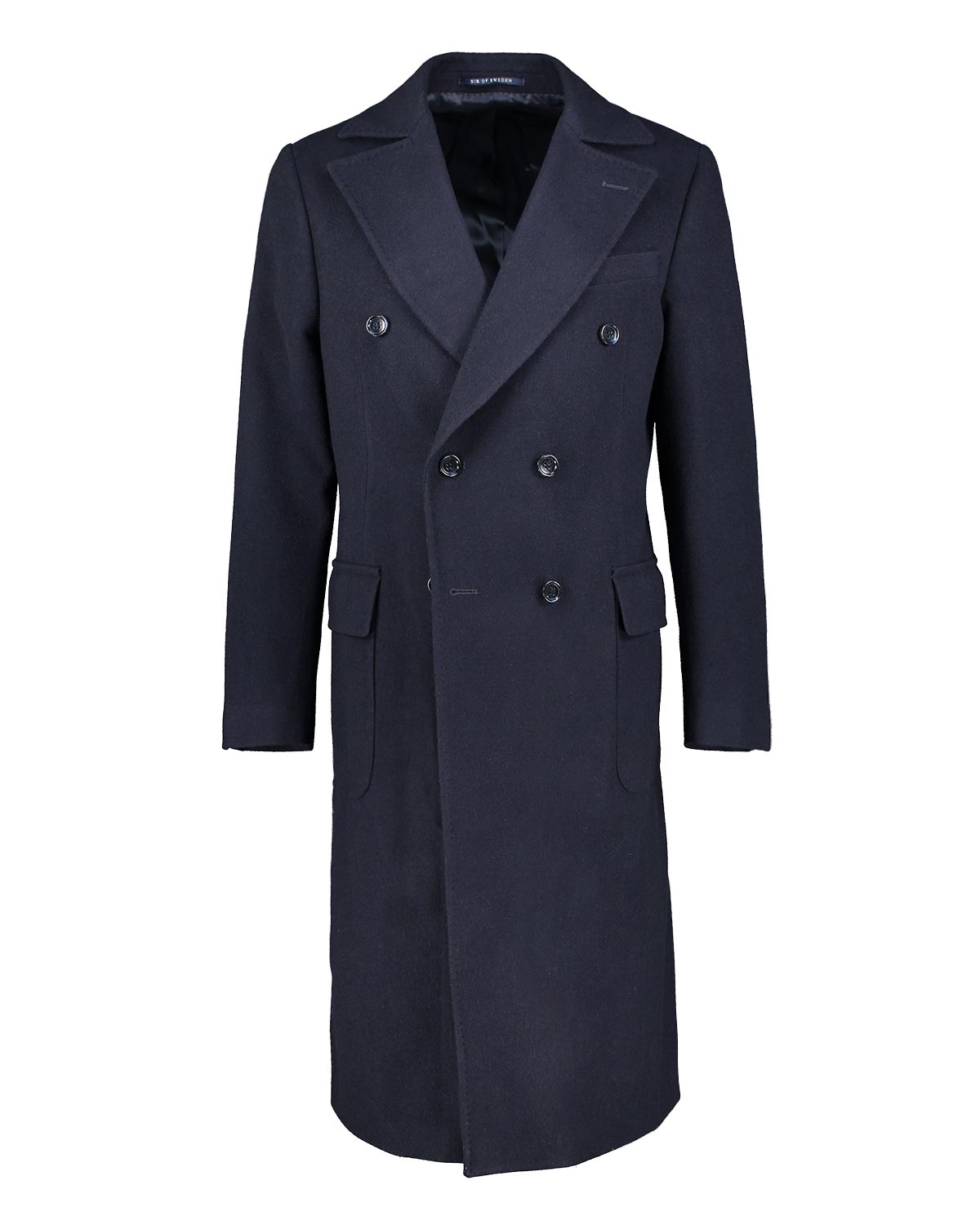 Navy blue double breasted overcoat on a white background.