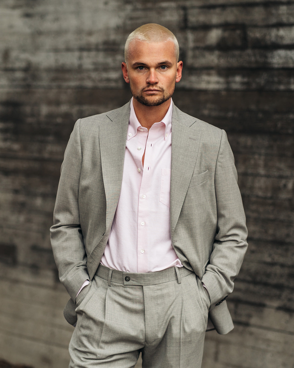 Man Wearing Pink Oxford Shirt Light Grey Suit