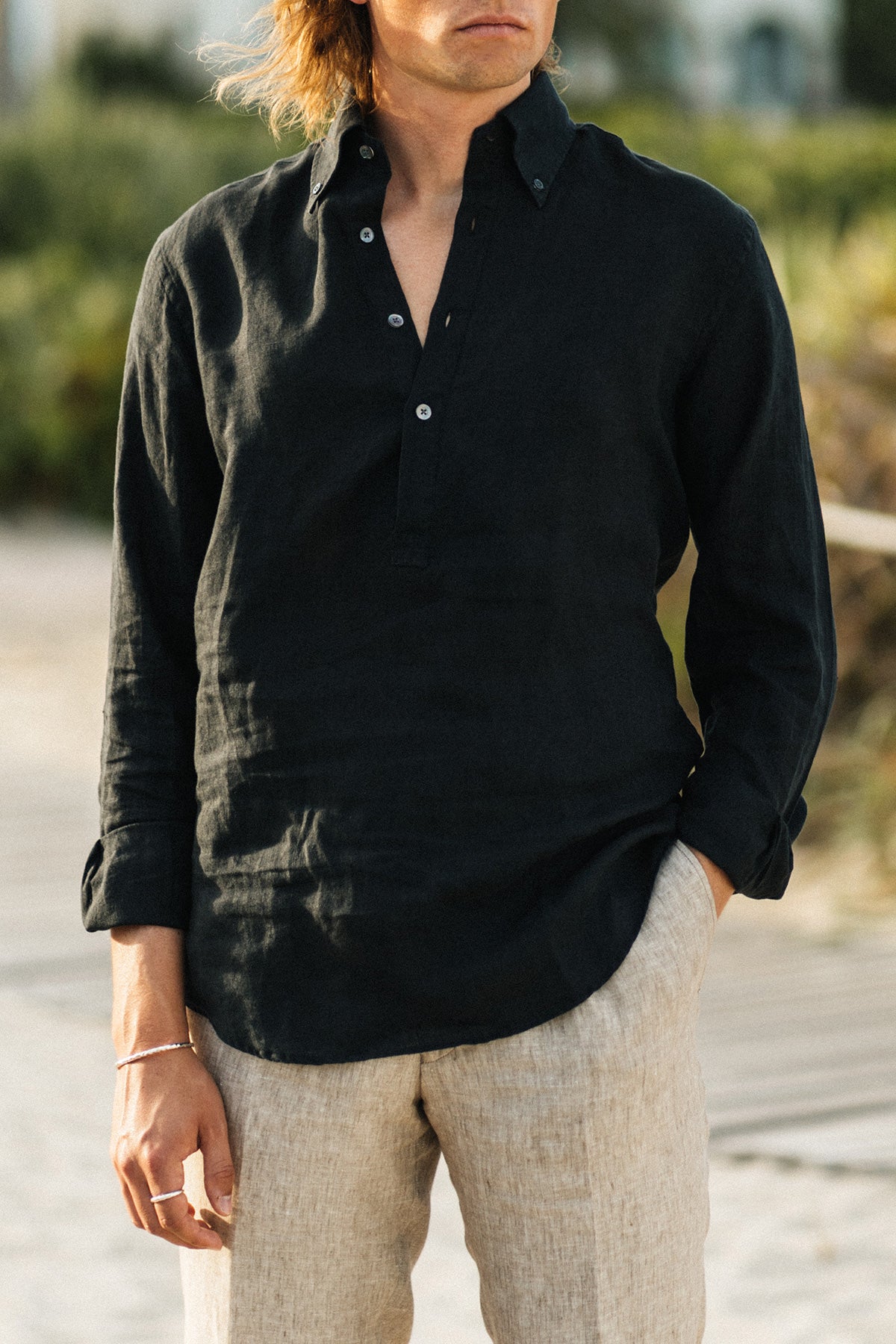 Jerry Pop Black Linen Popover Shirt
