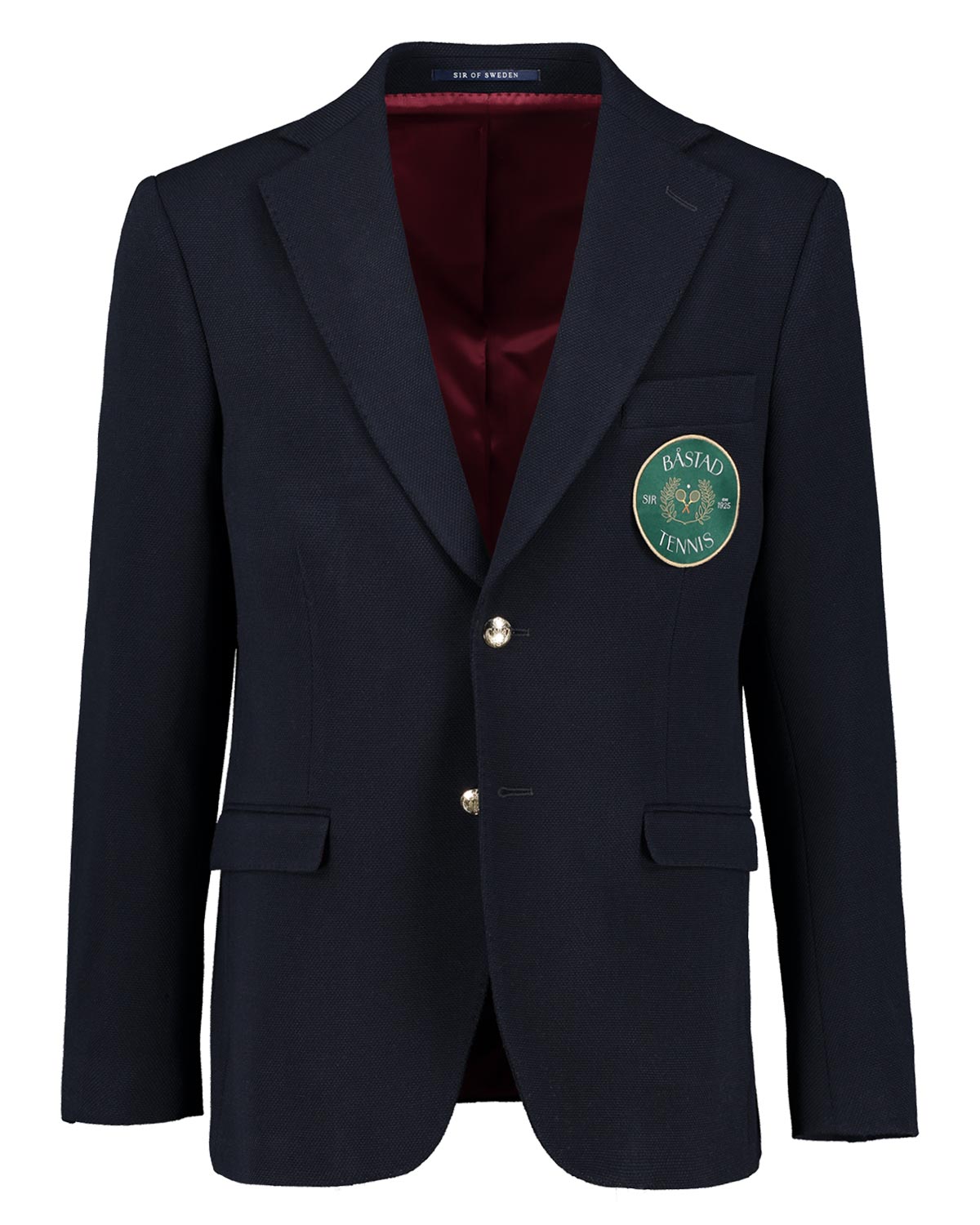 Navy blazer with a logo patch on a white background