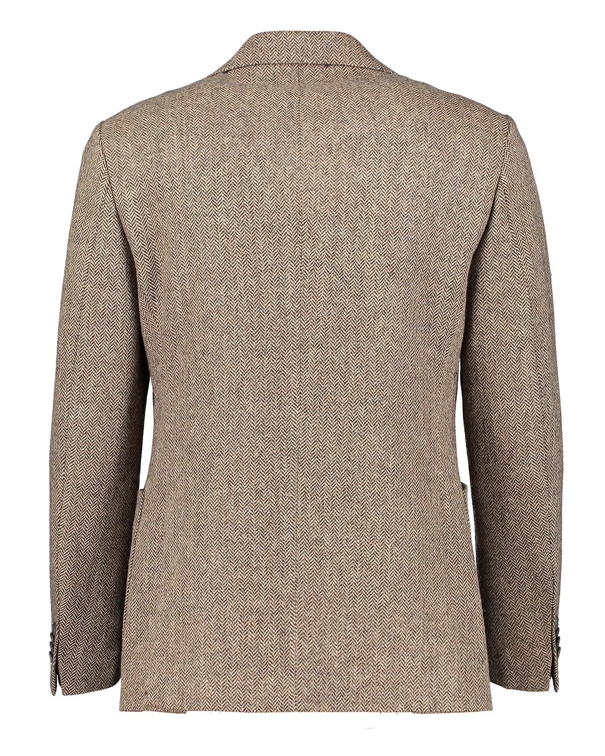 Brown tweed blazer with a herringbone pattern on a white background