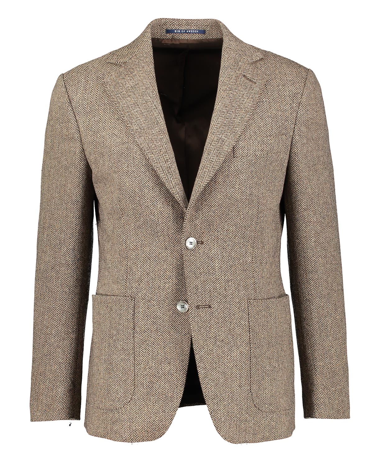 Brown tweed blazer with a herringbone pattern on a white background