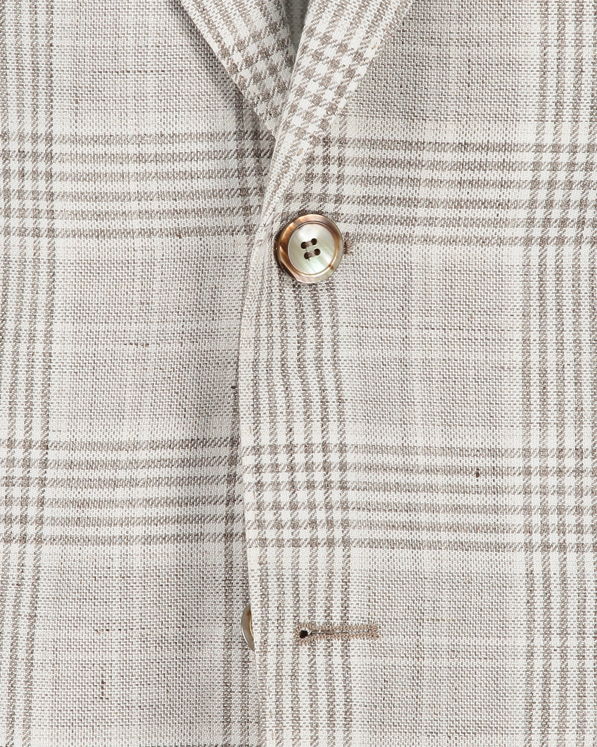Riviera Beige Glencheck Cotton Linen Jacket Front Closeup Detail Fabric