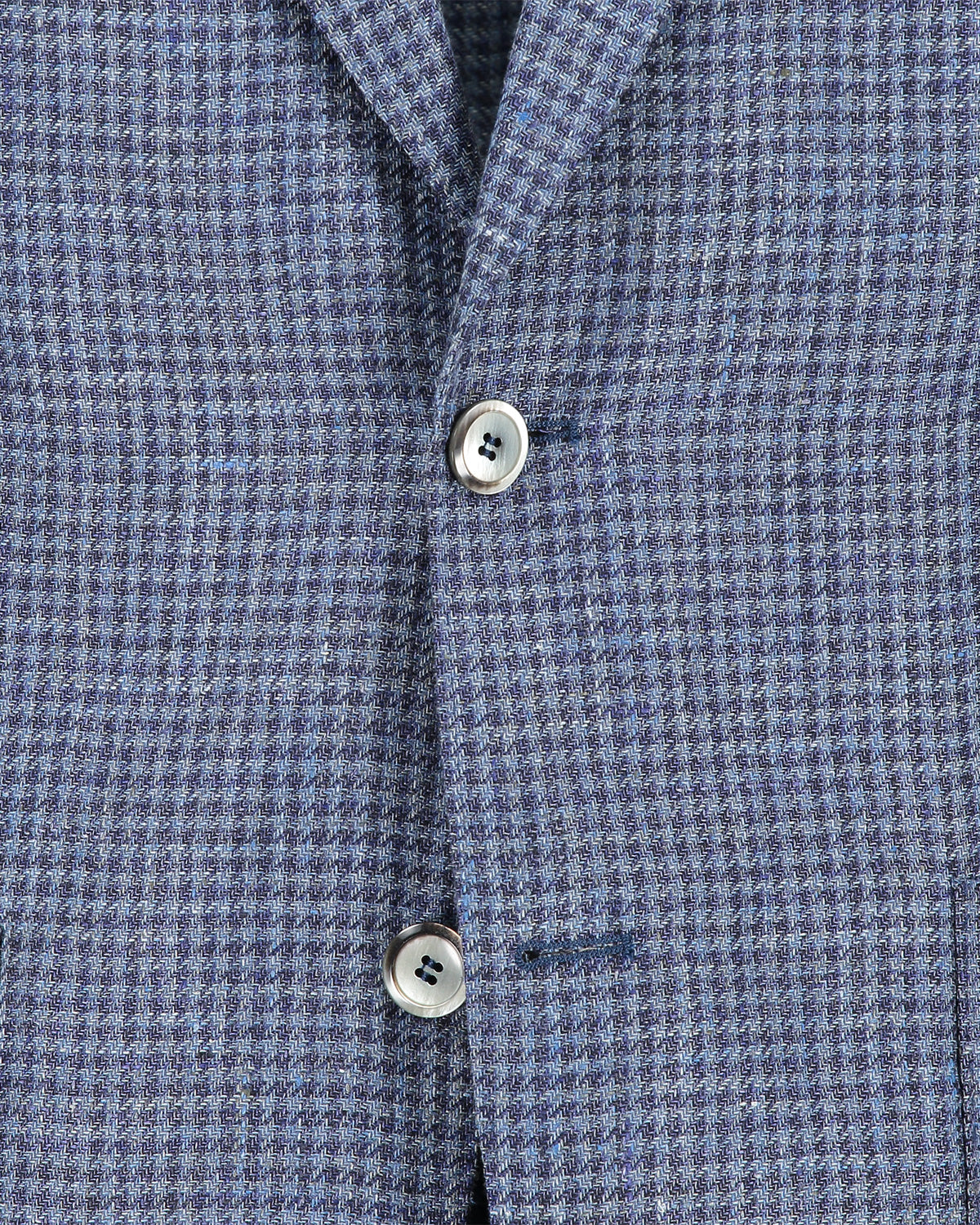 Blue Houndstooth Linen Wool Jacket Front Closeup Detail Fabric