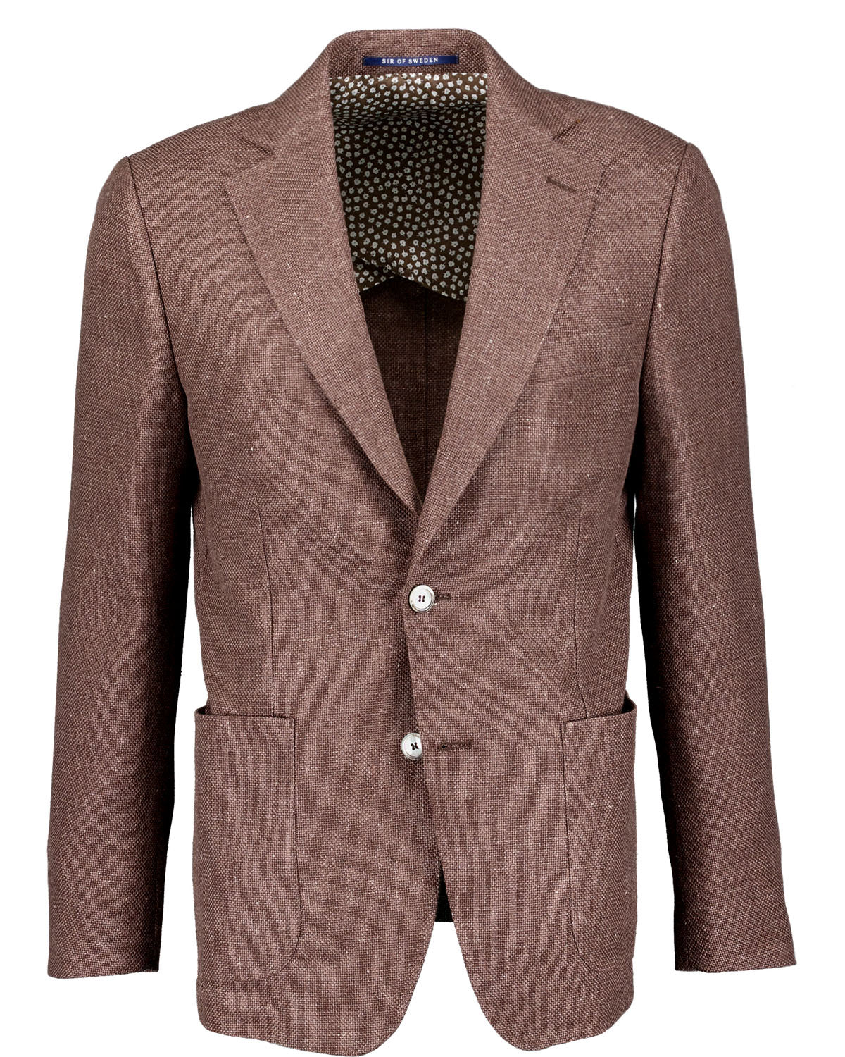 Brown blazer with a patterned interior on a white background
