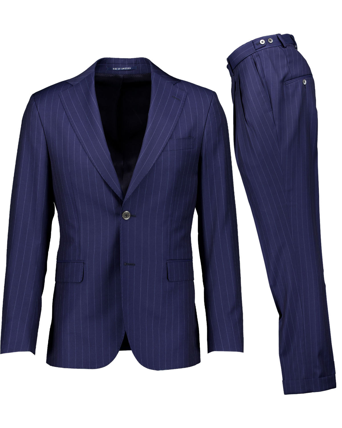 Blue pinstripe suit jacket and pants on a white background