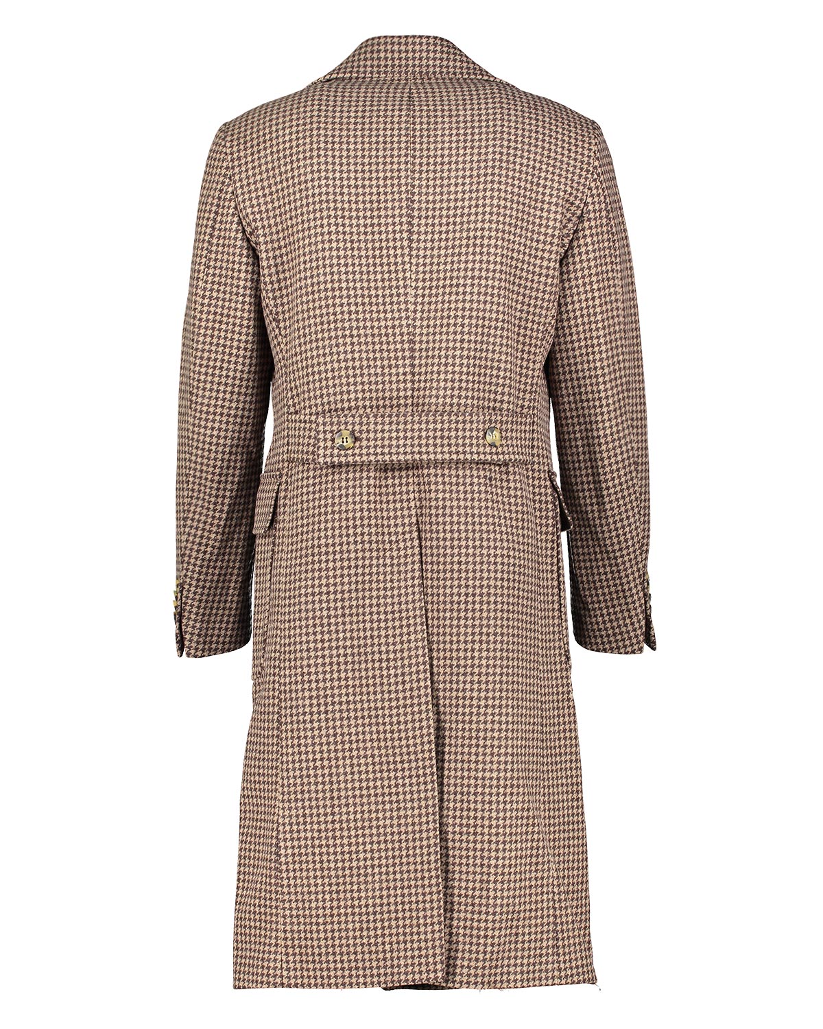 Houndstooth patterned double breasted overcoat with a belted back on a white background