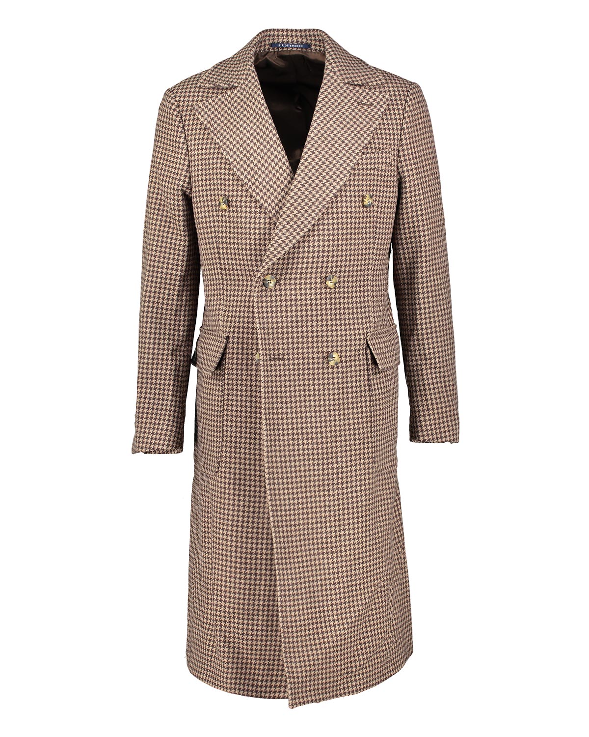 Houndstooth patterned double breasted overcoat on a white background