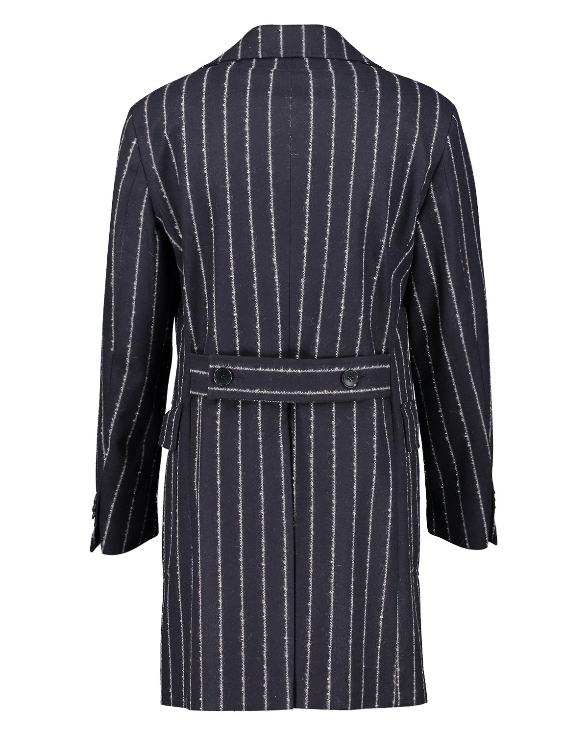 Navy pinstripe coat on a white background