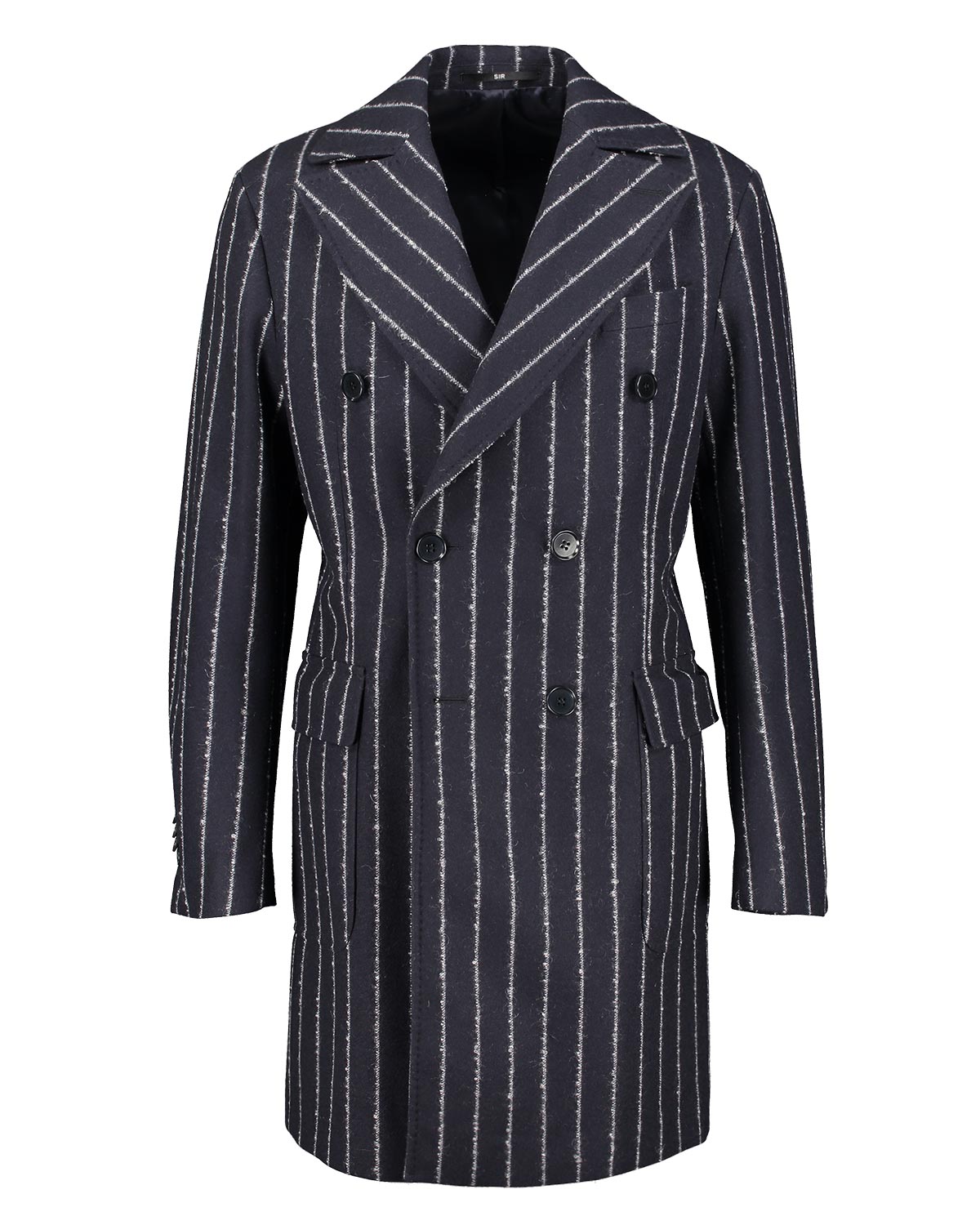 Navy pinstripe coat on a white background