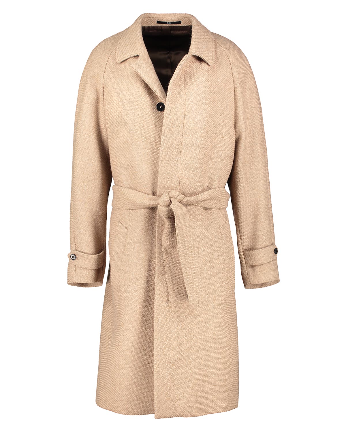 Beige overcoat with a belt on a white background
