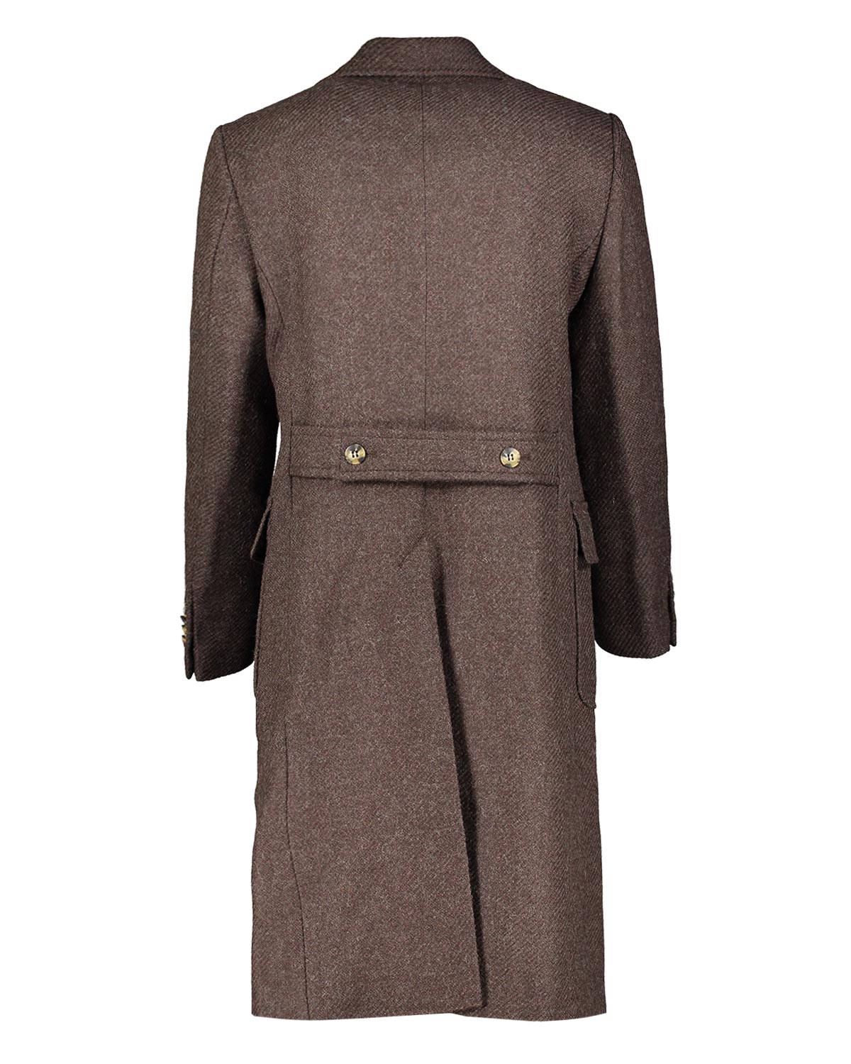 Brown double breasted overcoat with a belted back on a white background