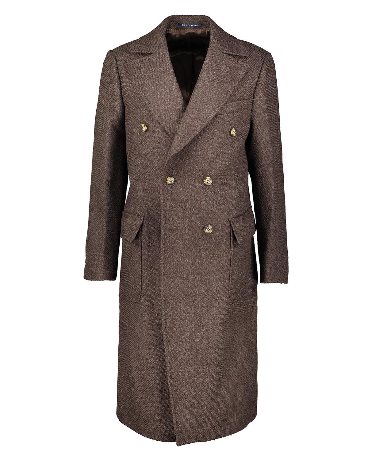 Brown double breasted overcoat with tortoise buttons on a white background