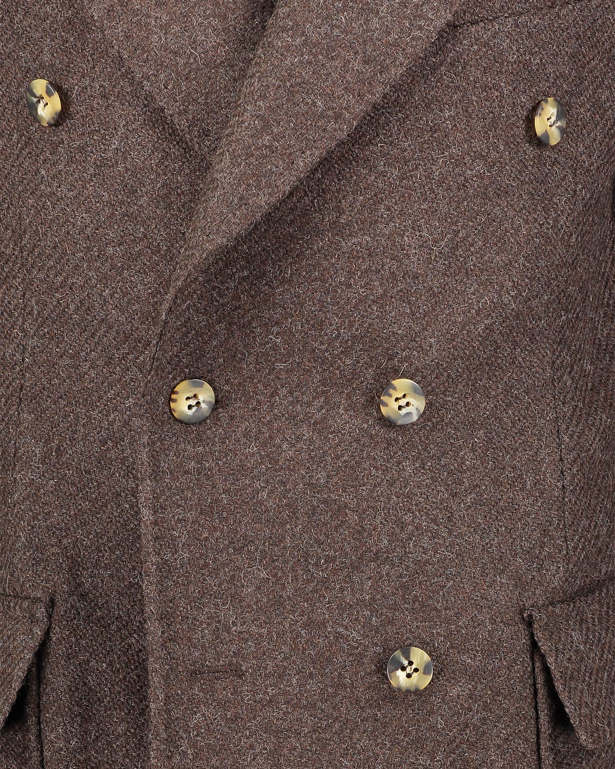 Close-up of a brown double breasted overcoat with tortoise buttons