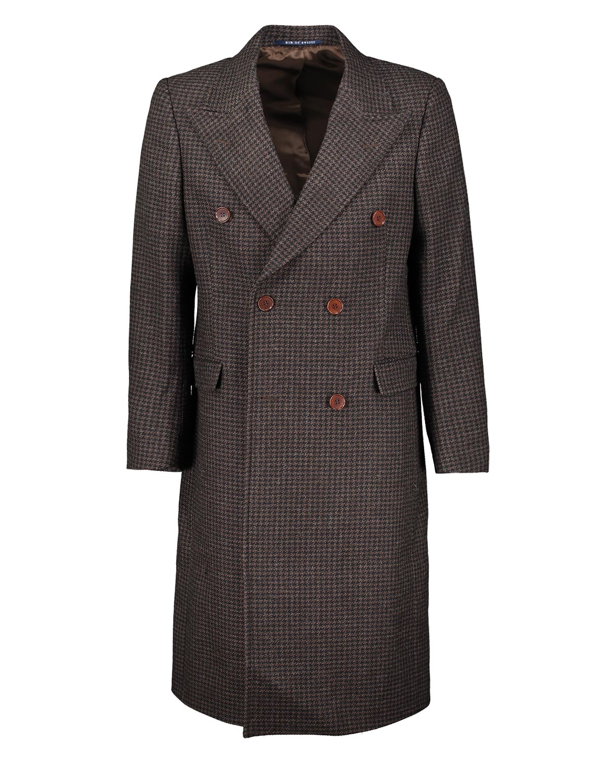 Brown checkered houndstooth double breasted overcoat on a white background