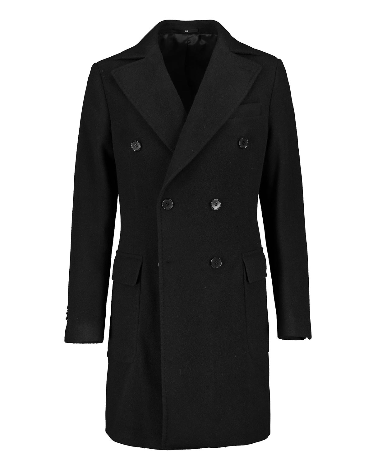 Black coat with double-breasted design on a white background
