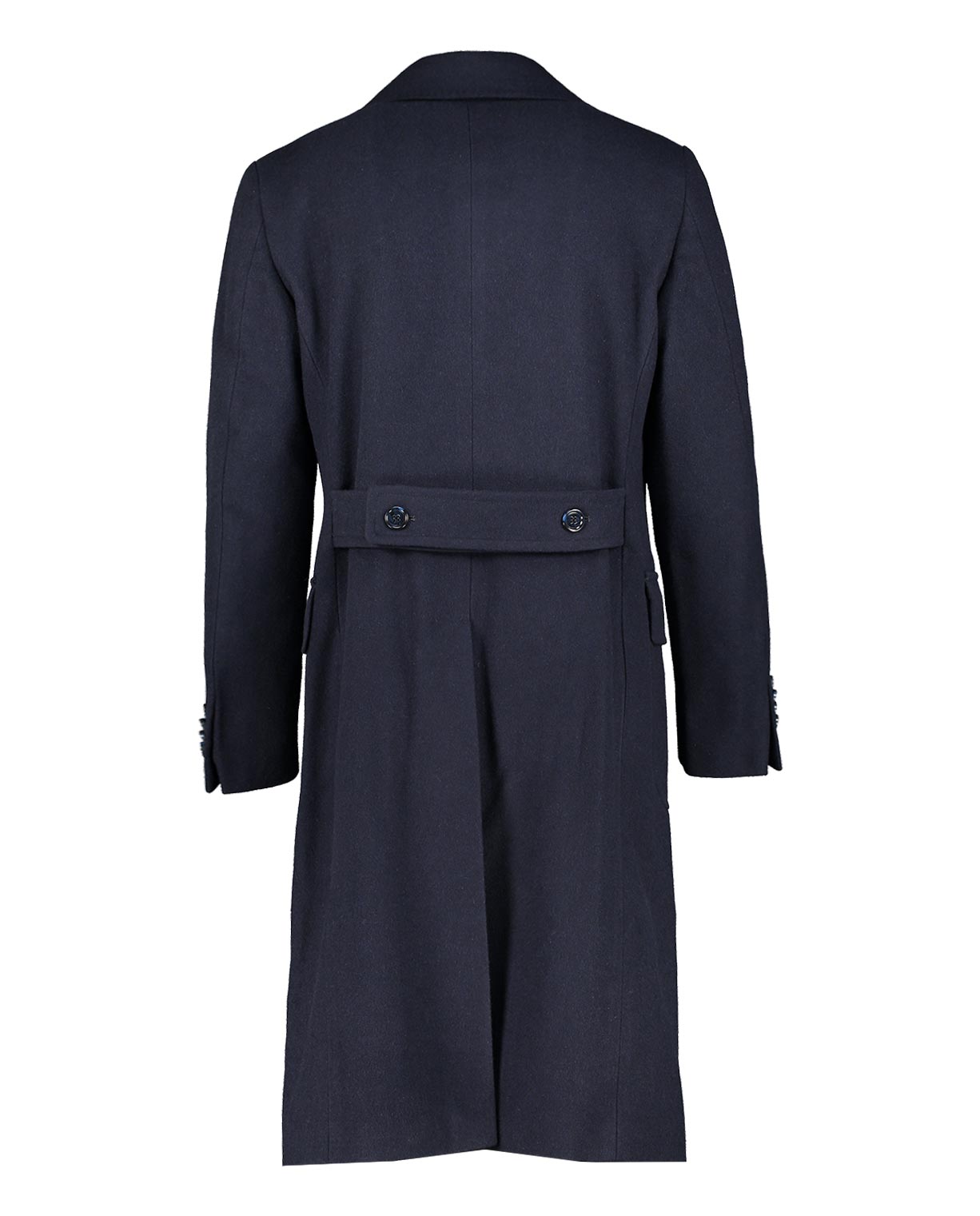 Navy blue double breasted coat with a belted back on a white background