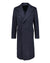 Navy blue double breasted overcoat on a white background.