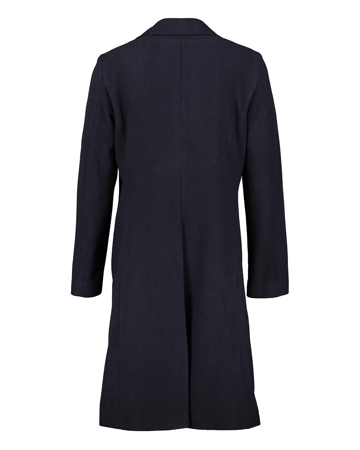 The back of a navy blue overcoat on a white background