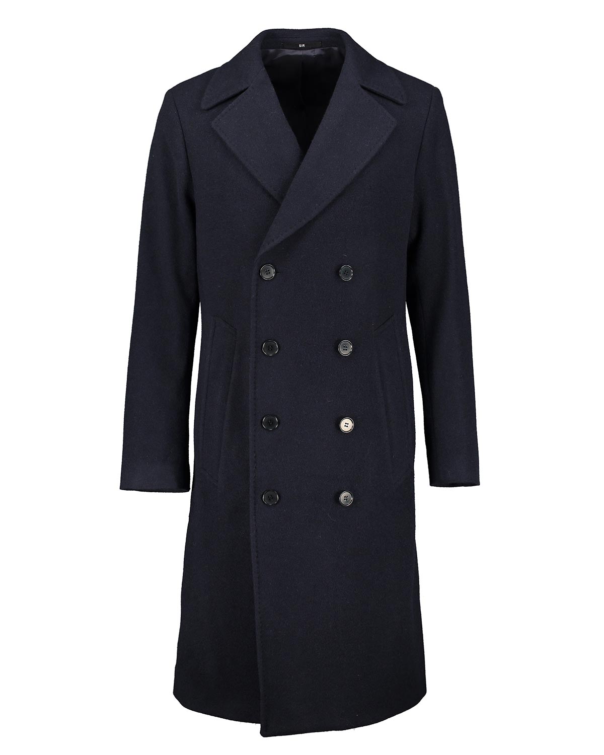 Navy blue double-breasted overcoat with  buttons on a white background