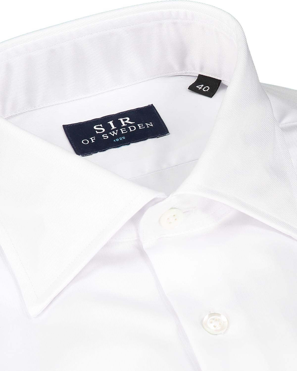 White dress shirt with 'Sir of Sweden' label on a white background