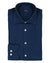Folded navy blue denim shirt with visible brand logo on a white background