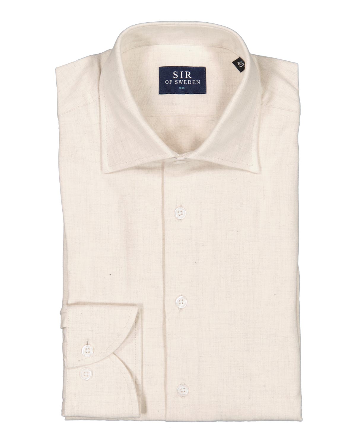 Folded cream flannel shirt with 'SIR of Sweden' label on a white background