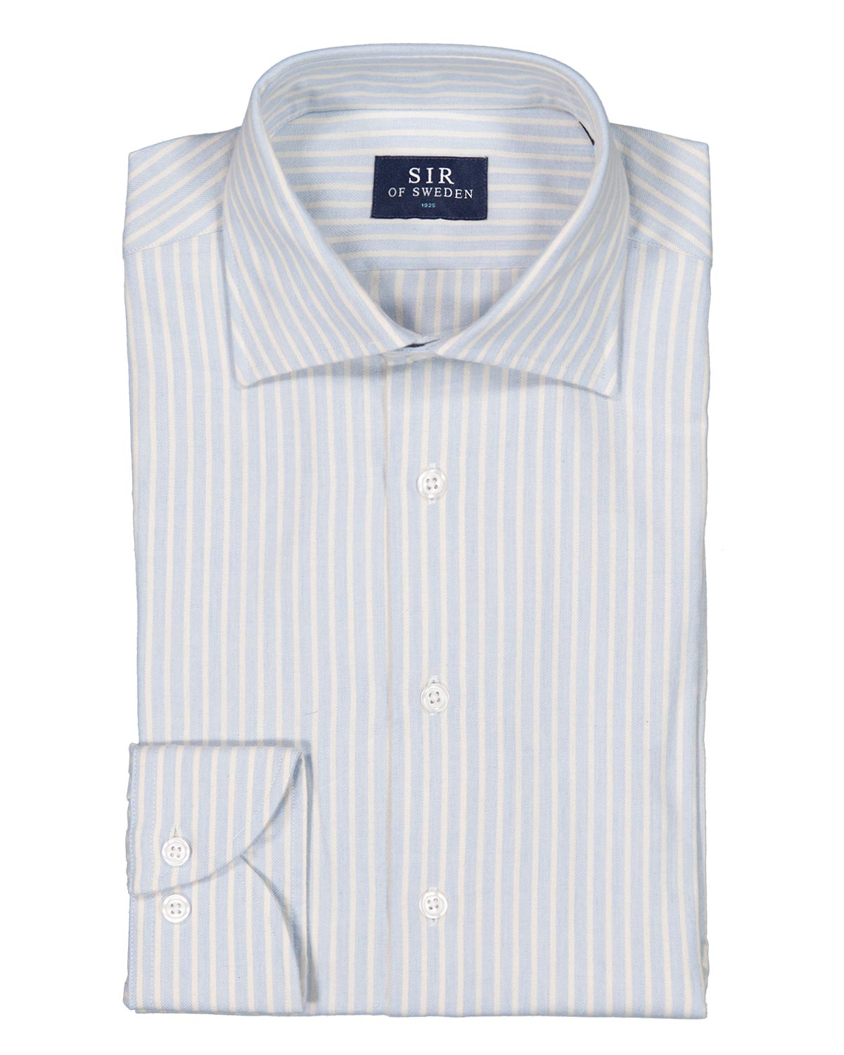 White flannel shirt with blue stripes and 'SIR of Sweden' label on a white background