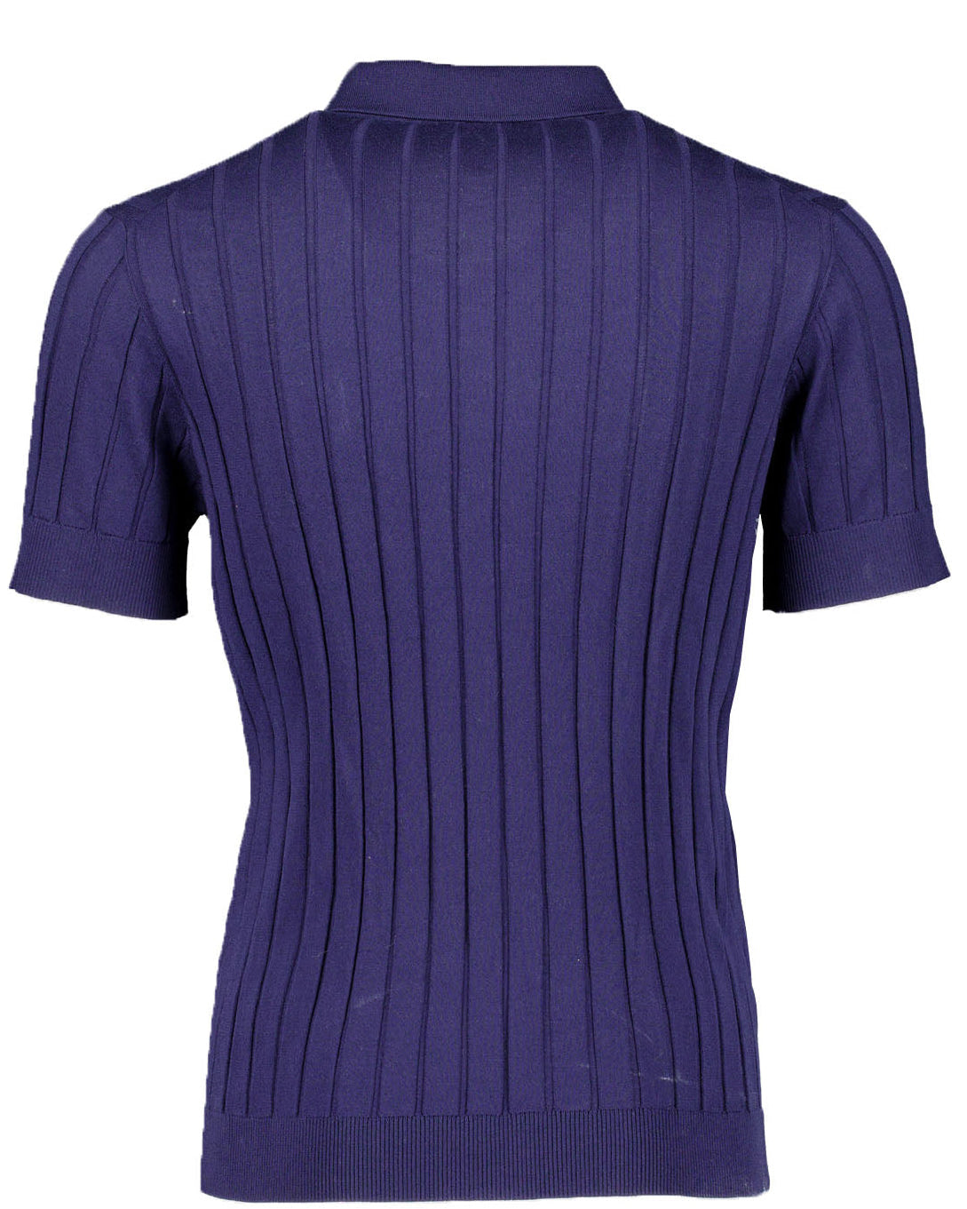 Back of a navy ribbed sweater on a white background