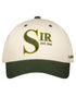 Beige and green cap with 'SIR' logo on a white background