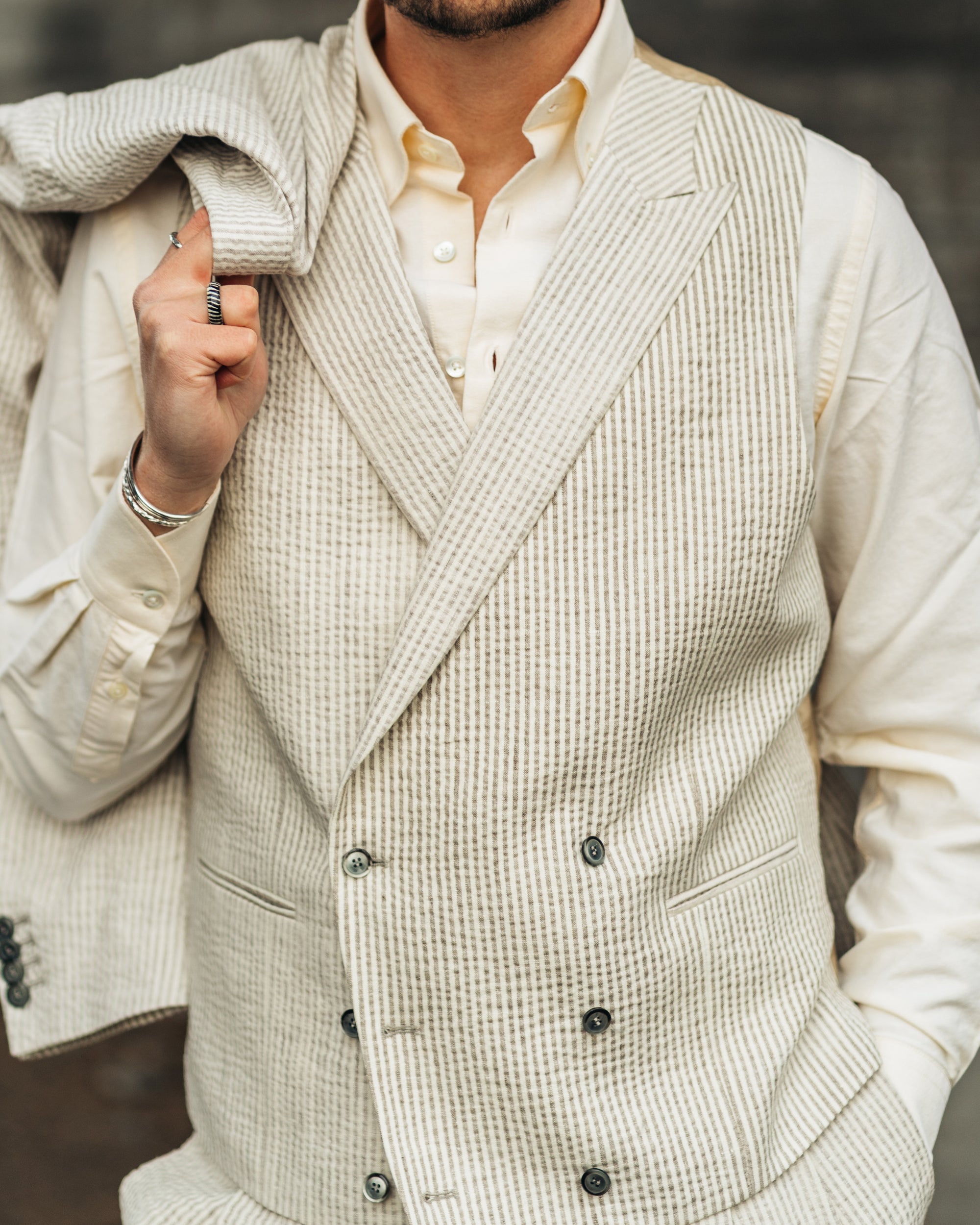 Man Wearing Yellow Button Down Oxford Shirt Peak Lapel Waistcoat