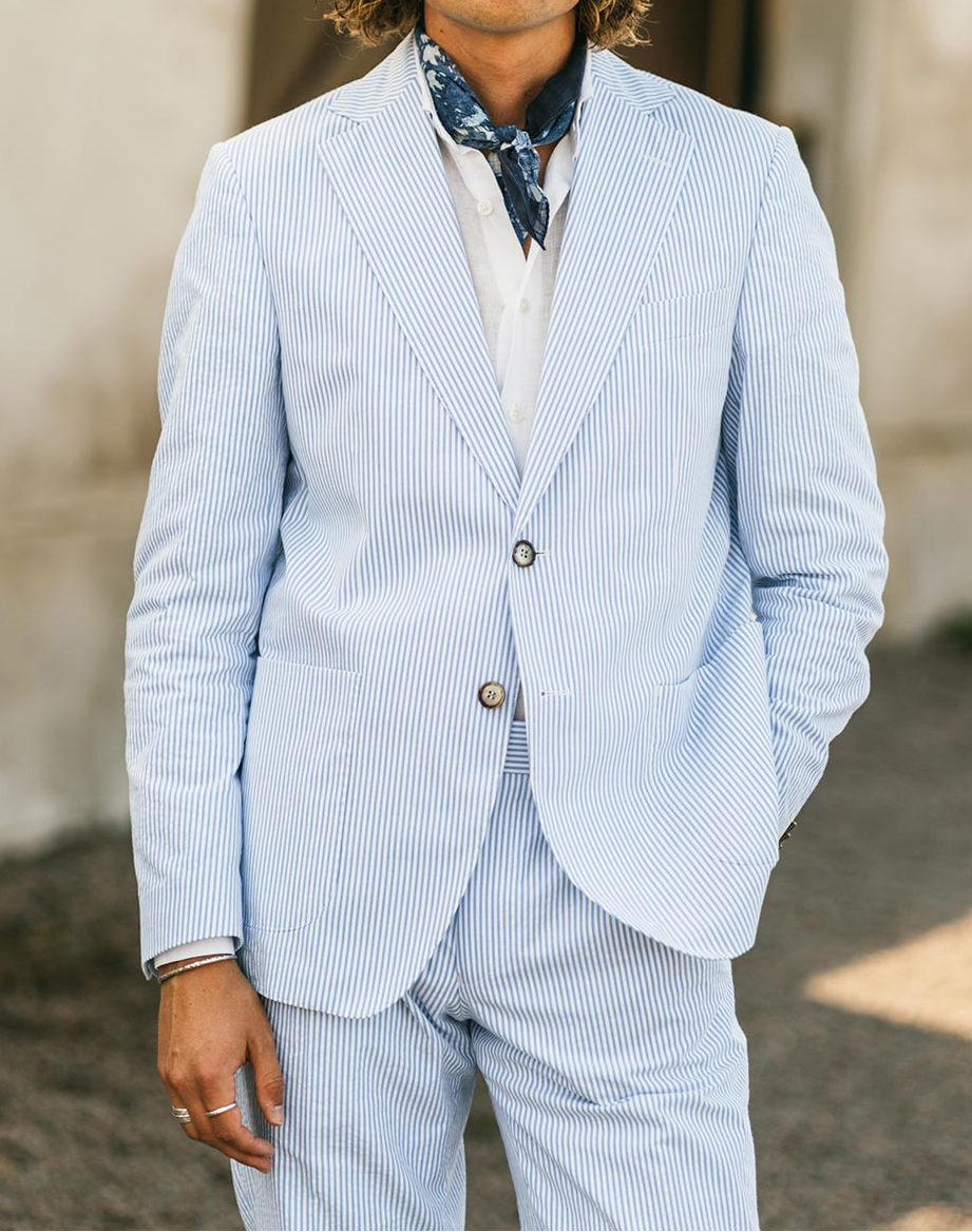 Brett  Light Blue Striped Seersucker Trousers