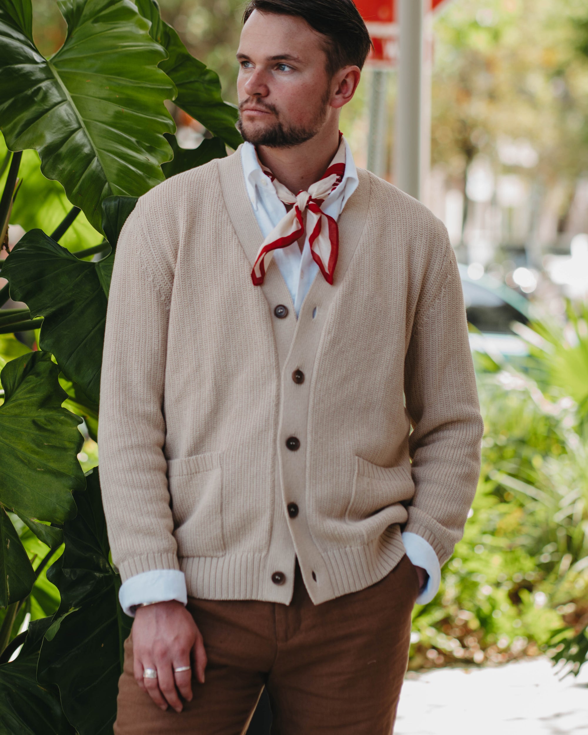 Man wearing a beige cardigan with a red scarf, standing outdoors near greenery and a stop sign.